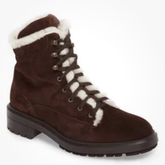 Aquatalia Lenore Hiker Boot Womens Size 7.5 Brown Fur Trim Winter Italy suede - Picture 1 of 9